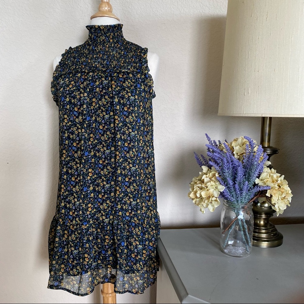 WILD FABLE FLORAL print sleeveless mock turtleneck smocked babydoll mini dress